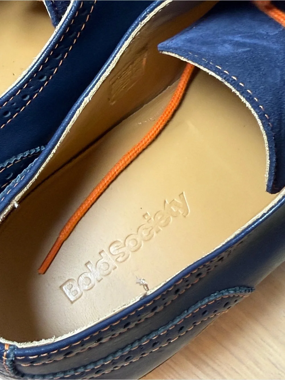 Bold Society Men's Navy Wingtip Oxfords with Orange Accents